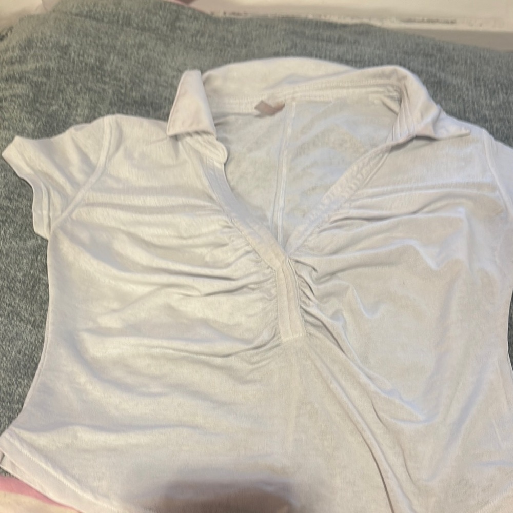 FP Movement by Free People White Ruched Blouse with Cap Sleeves and Polo Collar